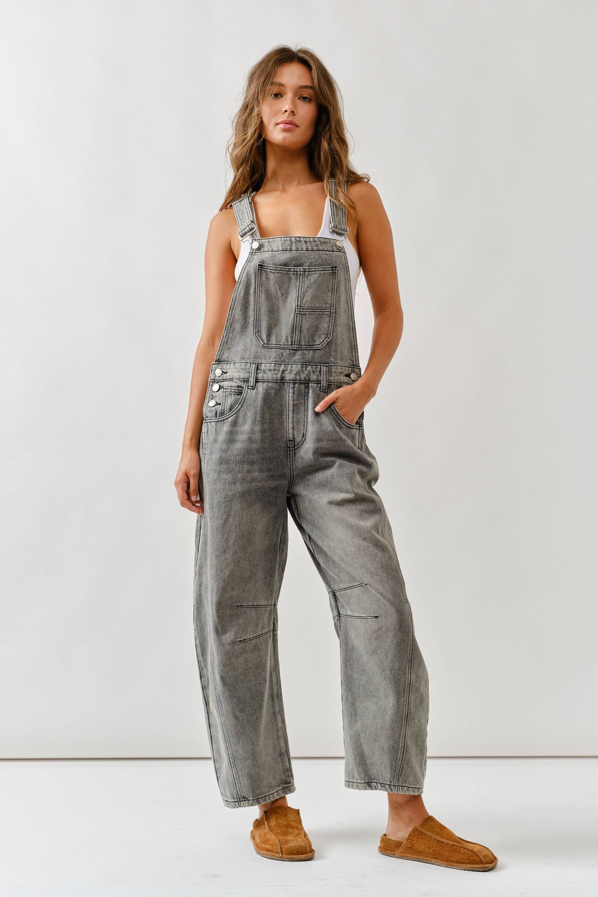 GREY SLOUCHY RELAX FIT DENIM OVERALL
