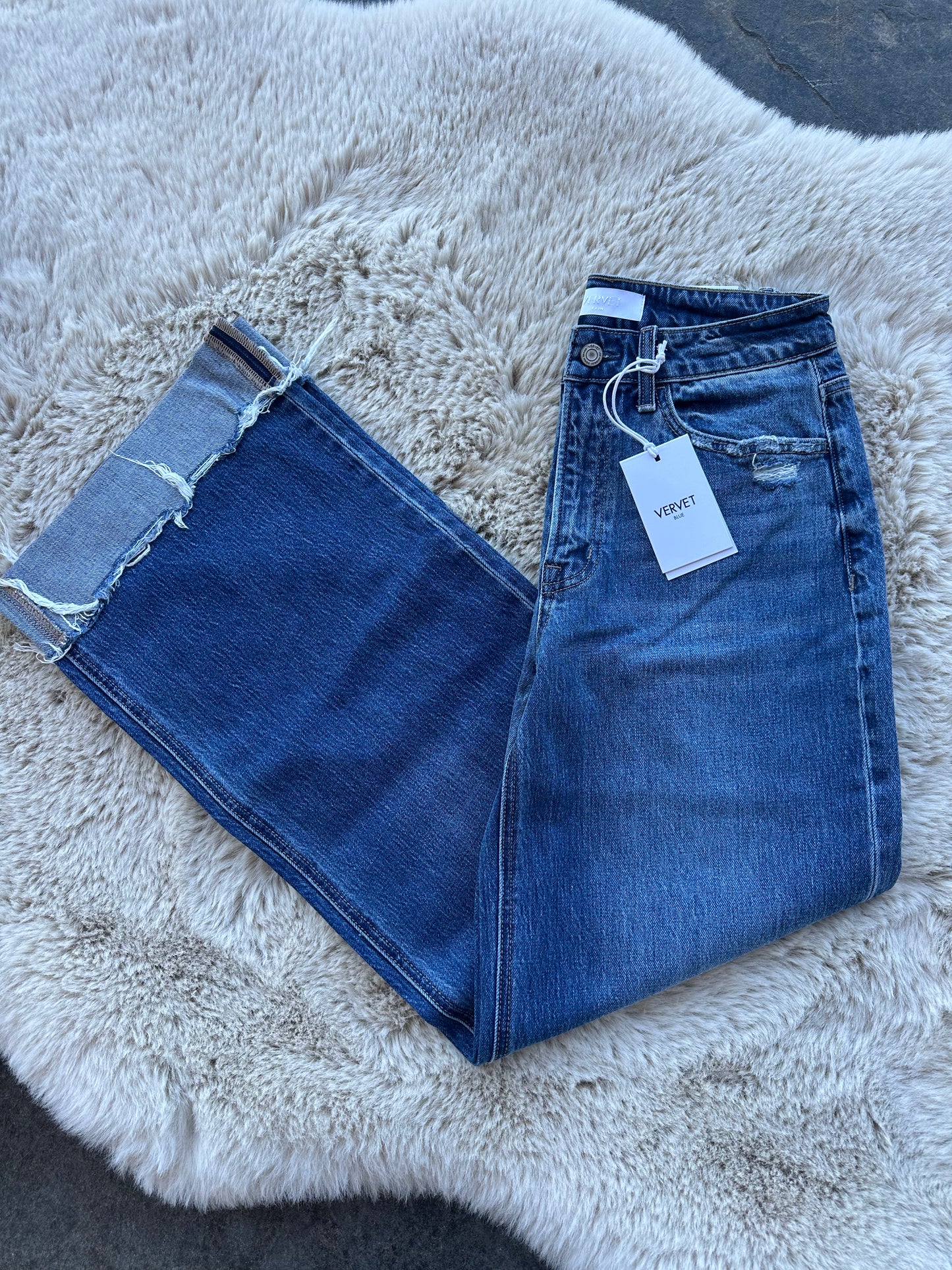 VERVET SUPER HIGH RISE CUFFED BAGGY WIDE LEG JEANS