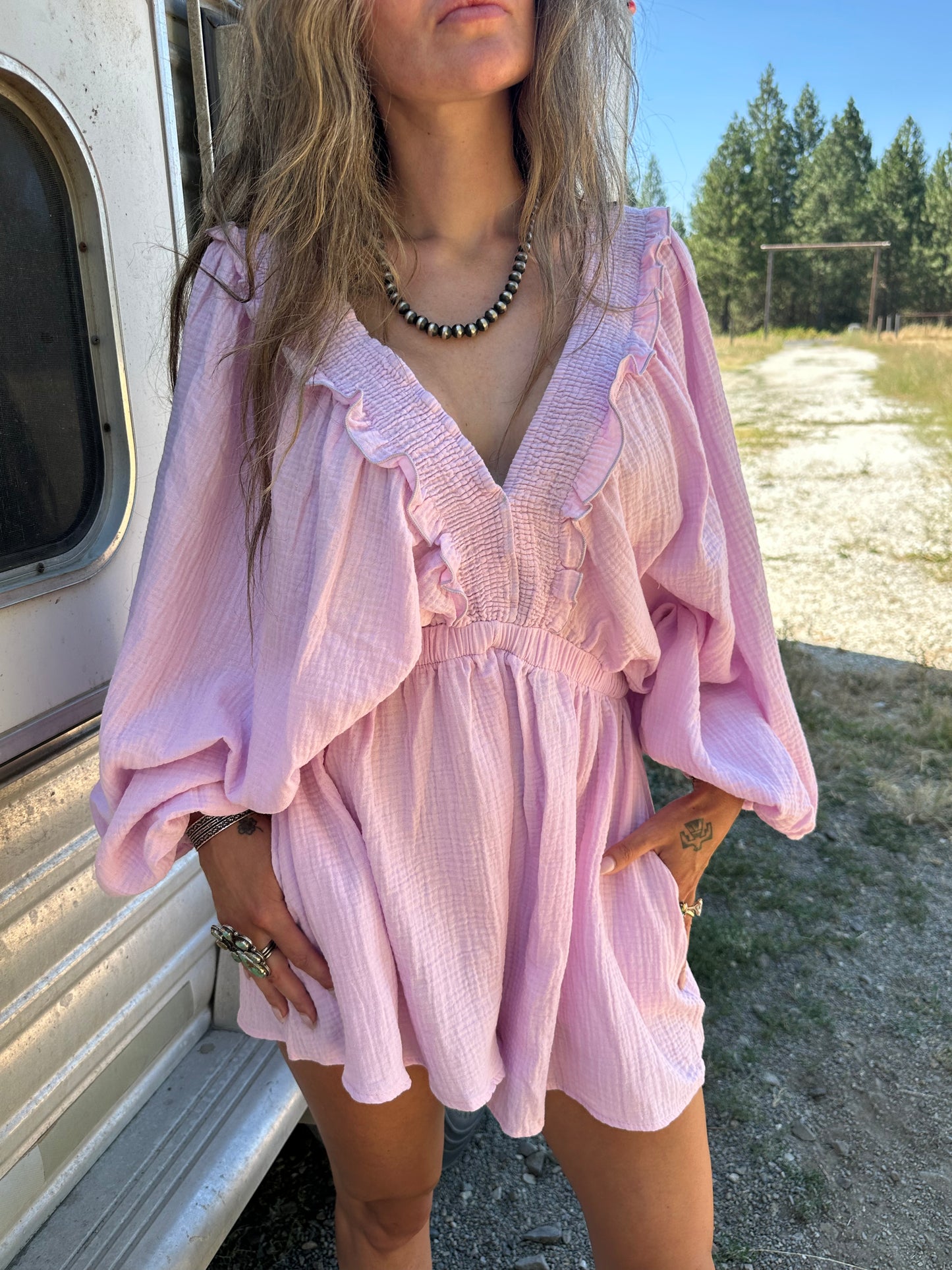 Lilac V-neck Ruffled Solid Woven Romper