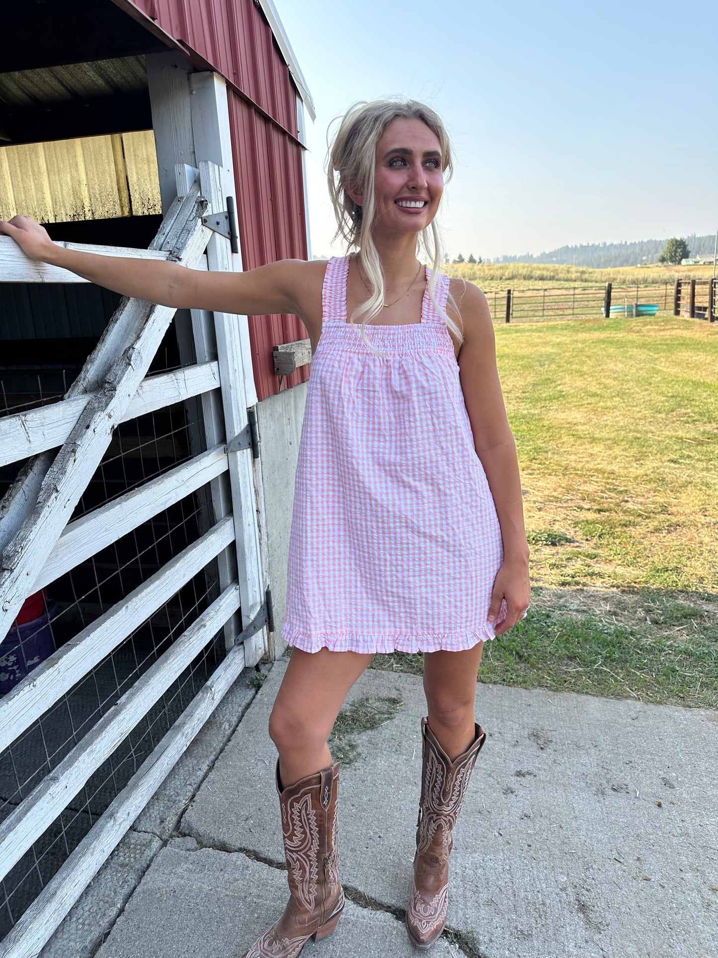 Back-Tie Smocked Yoke Ruffle Hem Dress
