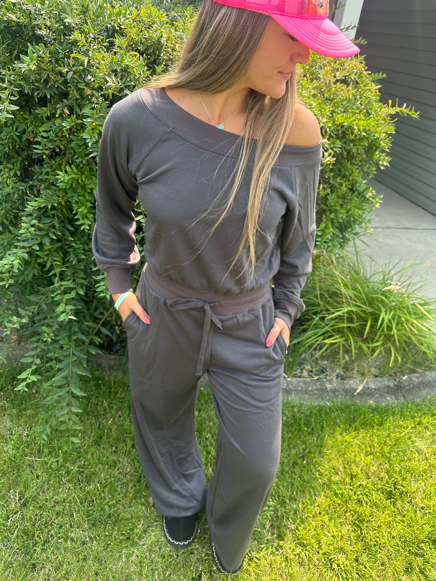 WIDE NECK OFF THE SHOULDER KNIT JUMPSUIT