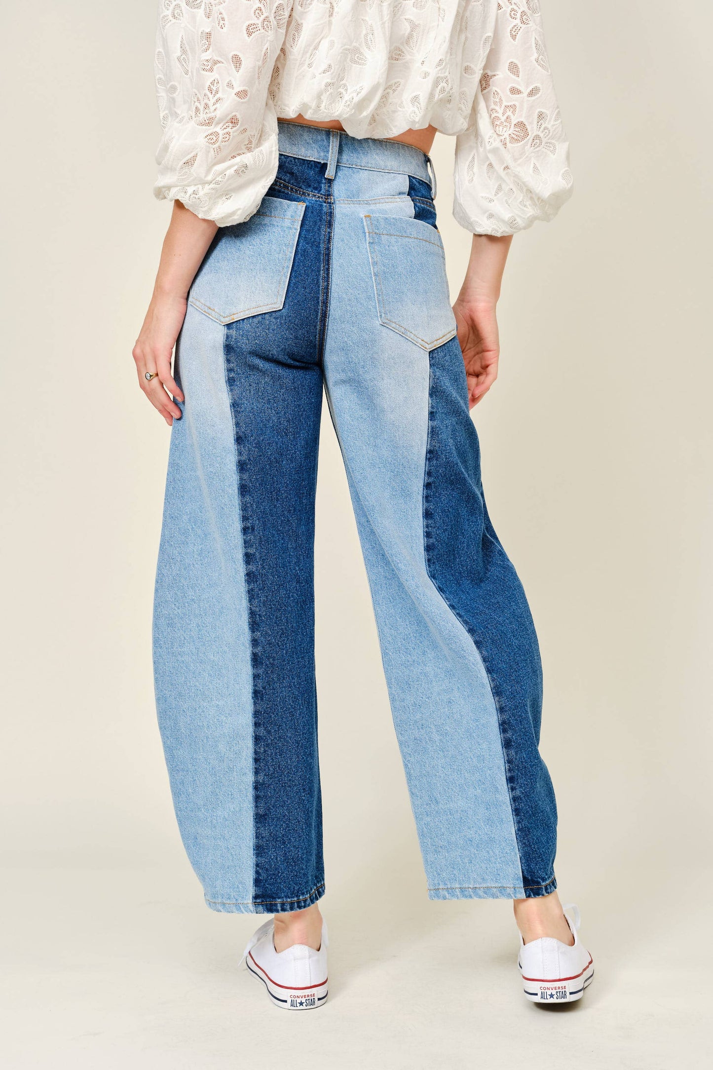 Double Denim Barrel Leg Jeans