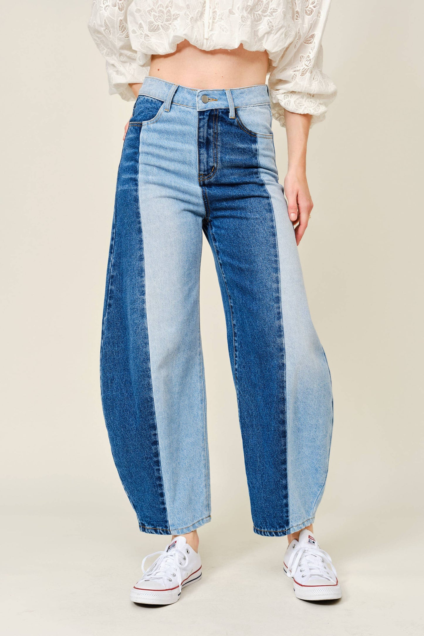 Double Denim Barrel Leg Jeans