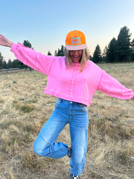 Solid Pink Cropped Sweatshirt