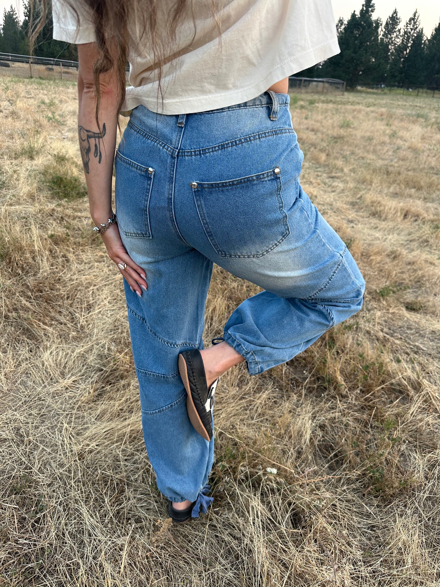 Metal Stud Drawstring Hem Jeans
