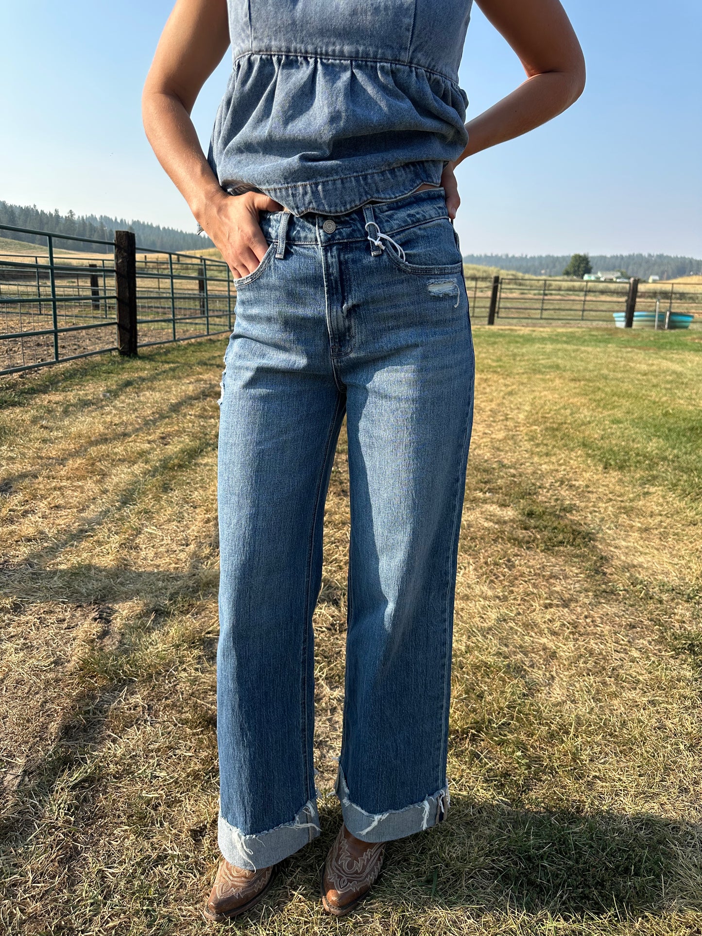VERVET SUPER HIGH RISE CUFFED BAGGY WIDE LEG JEANS