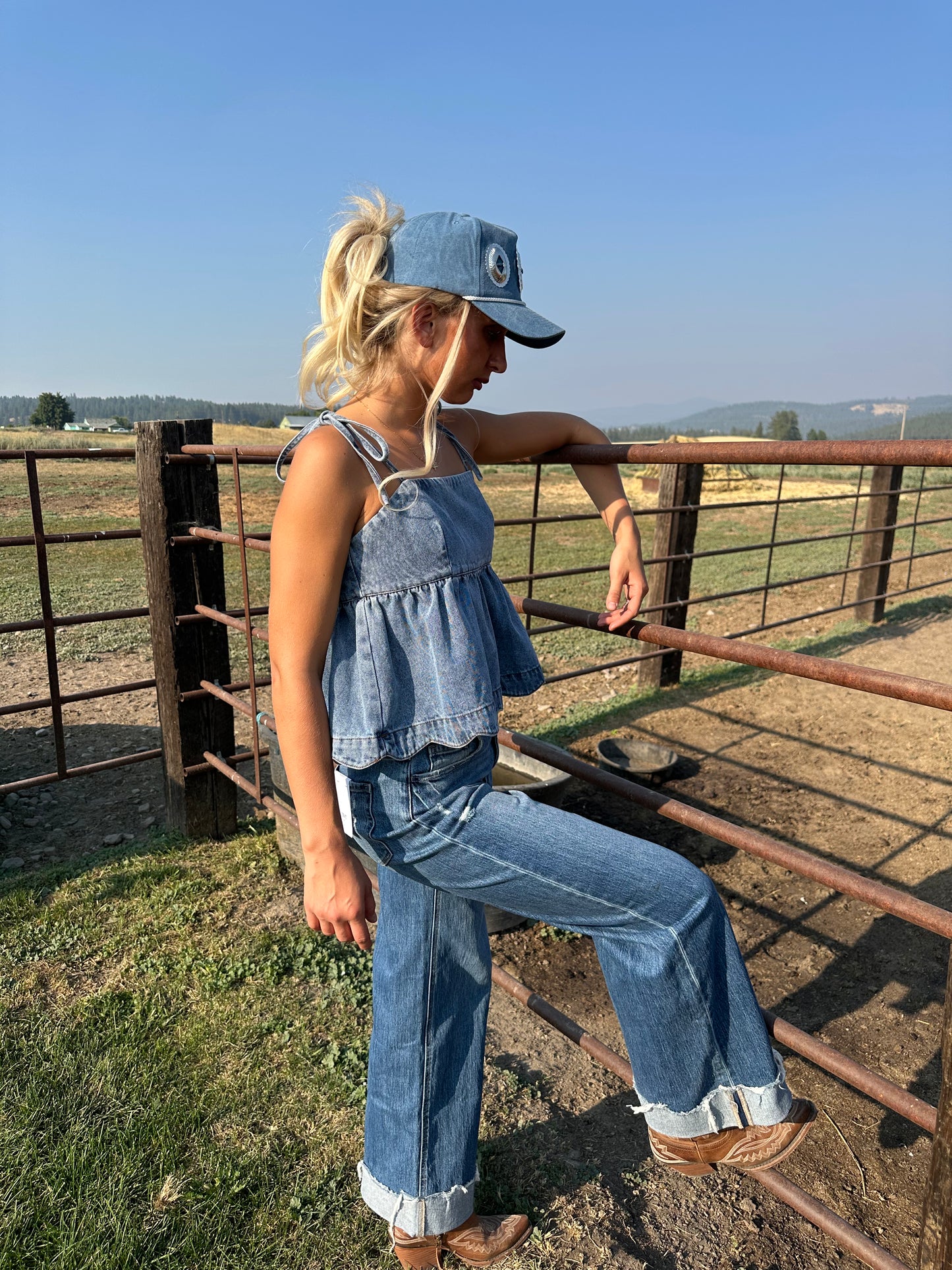Denim Tie-Strap Peplum Top