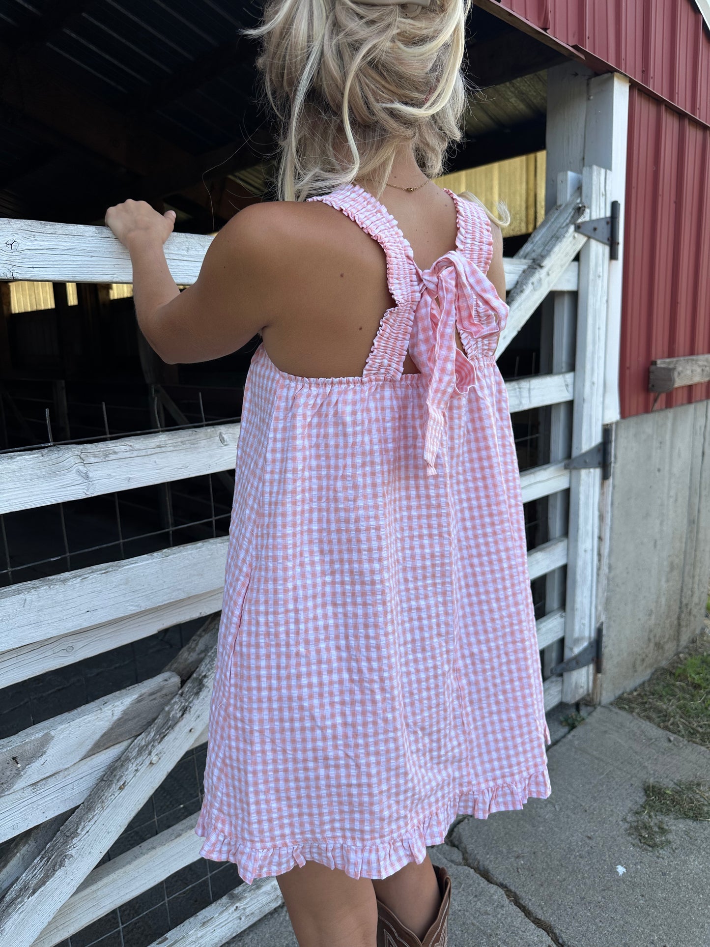 Back-Tie Smocked Yoke Ruffle Hem Dress