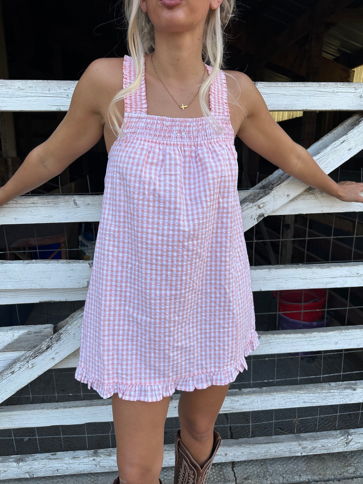 Back-Tie Smocked Yoke Ruffle Hem Dress