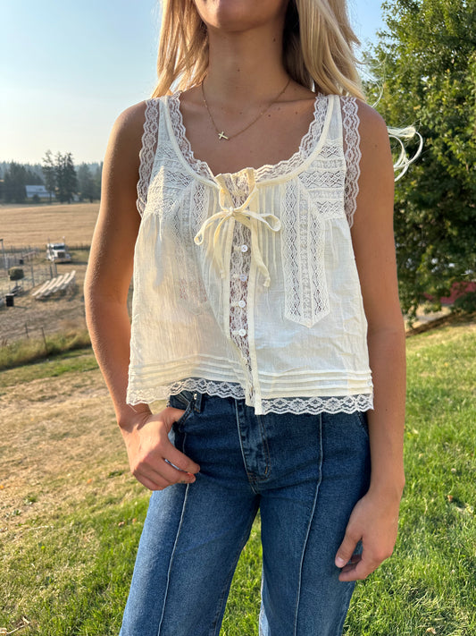 Bow Tie Front Lace Trimmed Tank Top